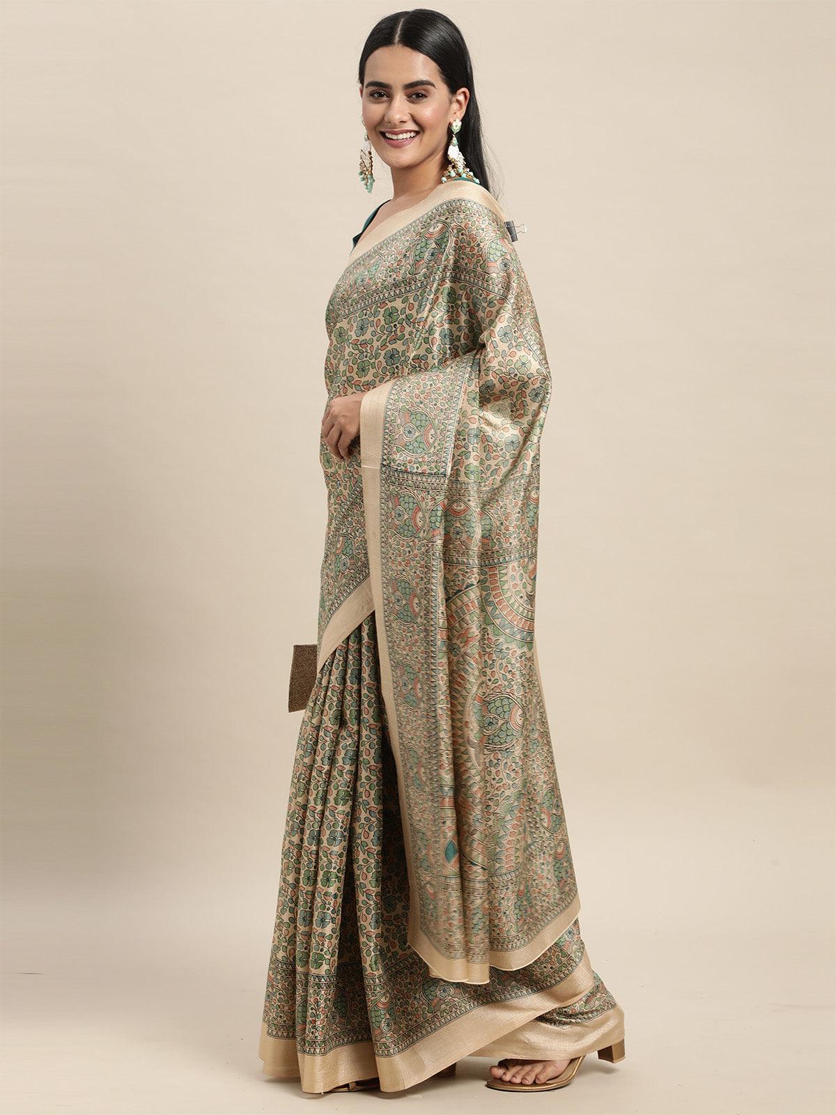Khadi Silk Green Printed Saree With Blouse Piece - Odette