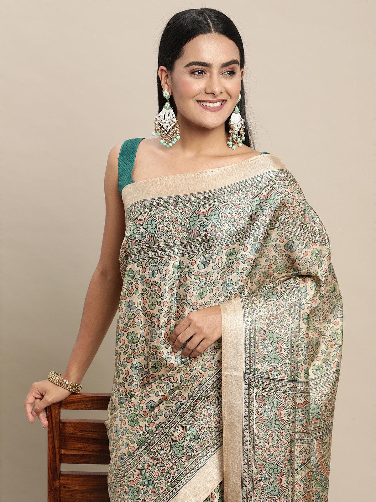 Khadi Silk Green Printed Saree With Blouse Piece - Odette
