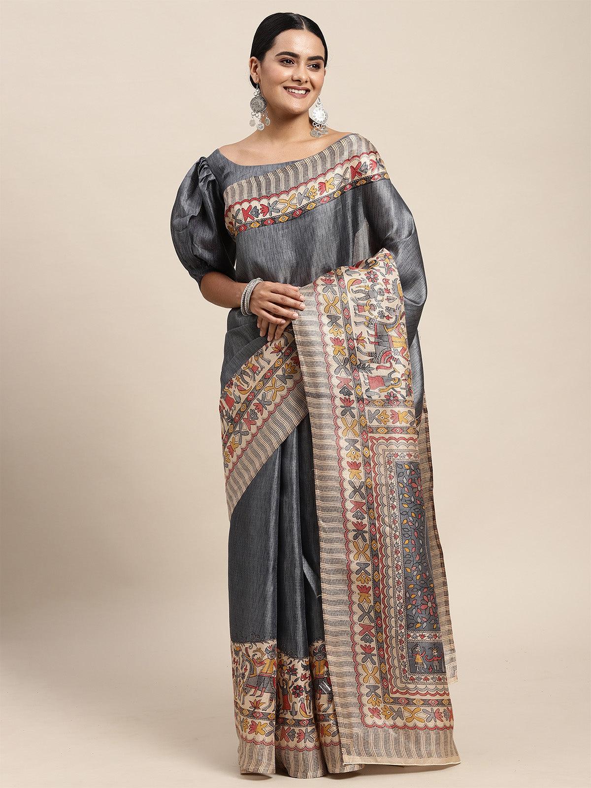 Khadi Silk Grey Printed Saree With Blouse Piece - Odette