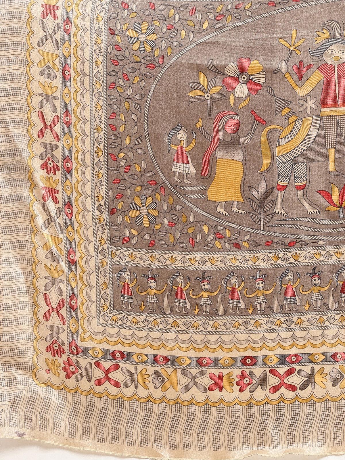 Khadi Silk Grey Printed Saree With Blouse Piece - Odette