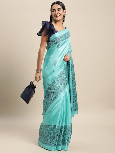 Khadi Silk Light Blue Printed Saree With Blouse Piece - Odette