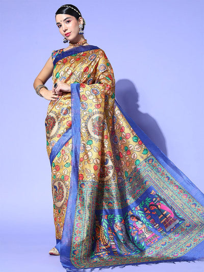 Khadi Silk Mustard Printed Designer Saree With Blouse Piece - Odette