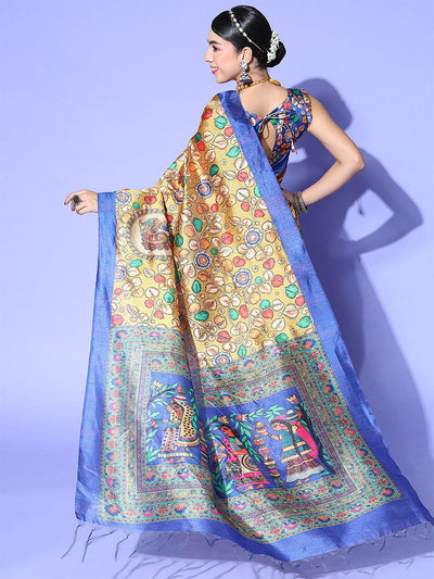 Khadi Silk Mustard Printed Designer Saree With Blouse Piece - Odette