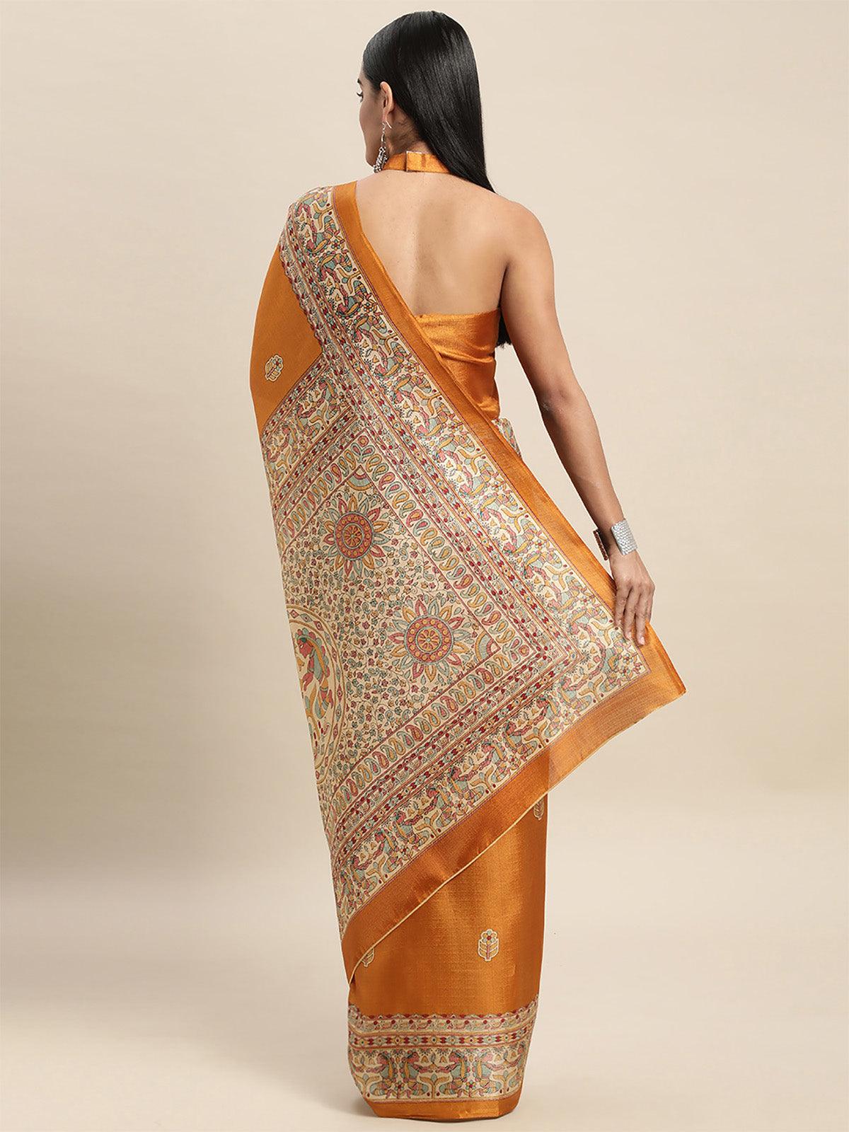 Khadi Silk Mustard Printed Saree With Blouse Piece - Odette