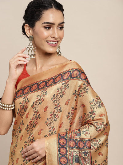 Khadi Silk Mustard Printed Saree With Blouse Piece - Odette