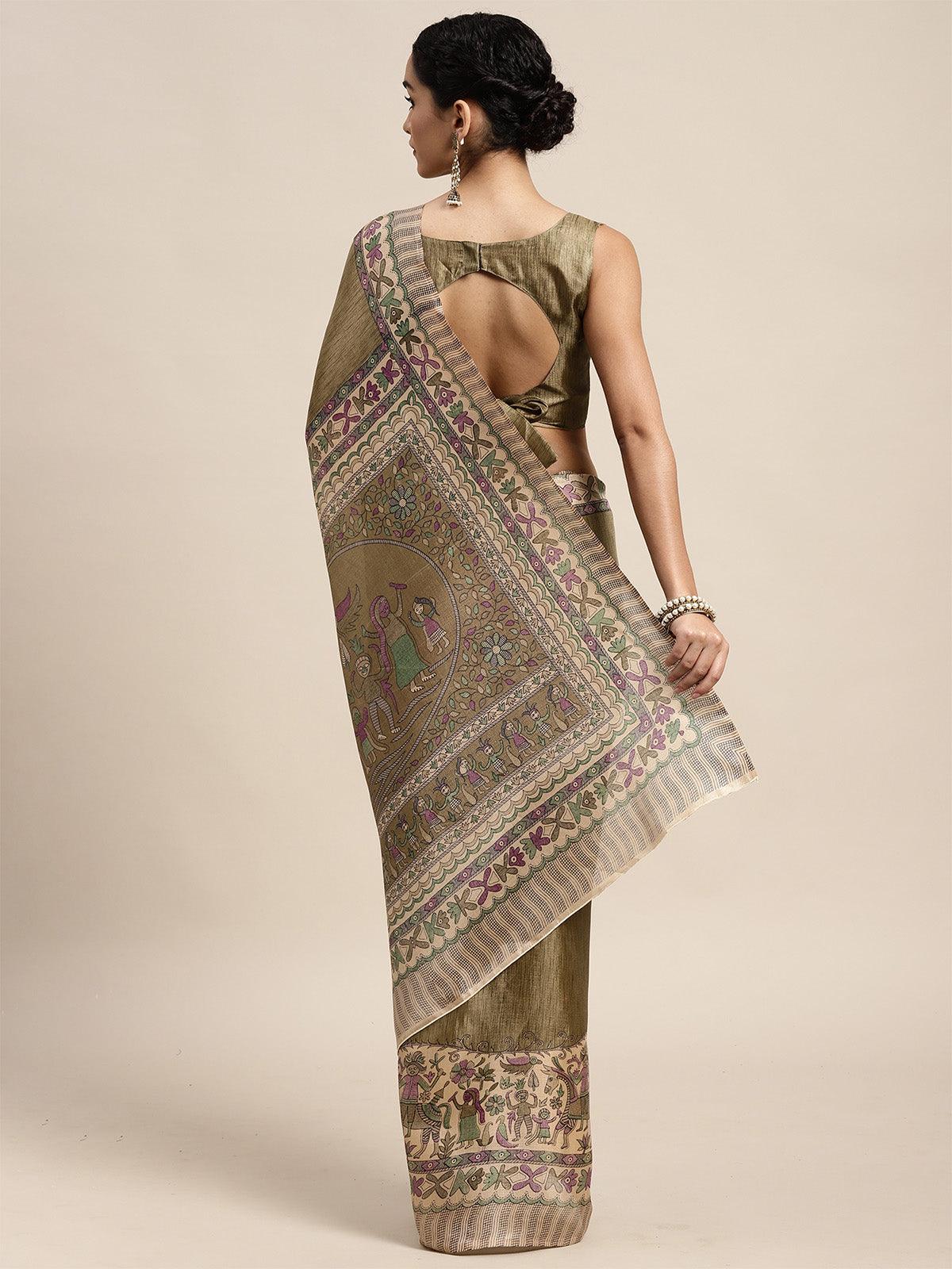 Khadi Silk Olive Printed Saree With Blouse Piece - Odette