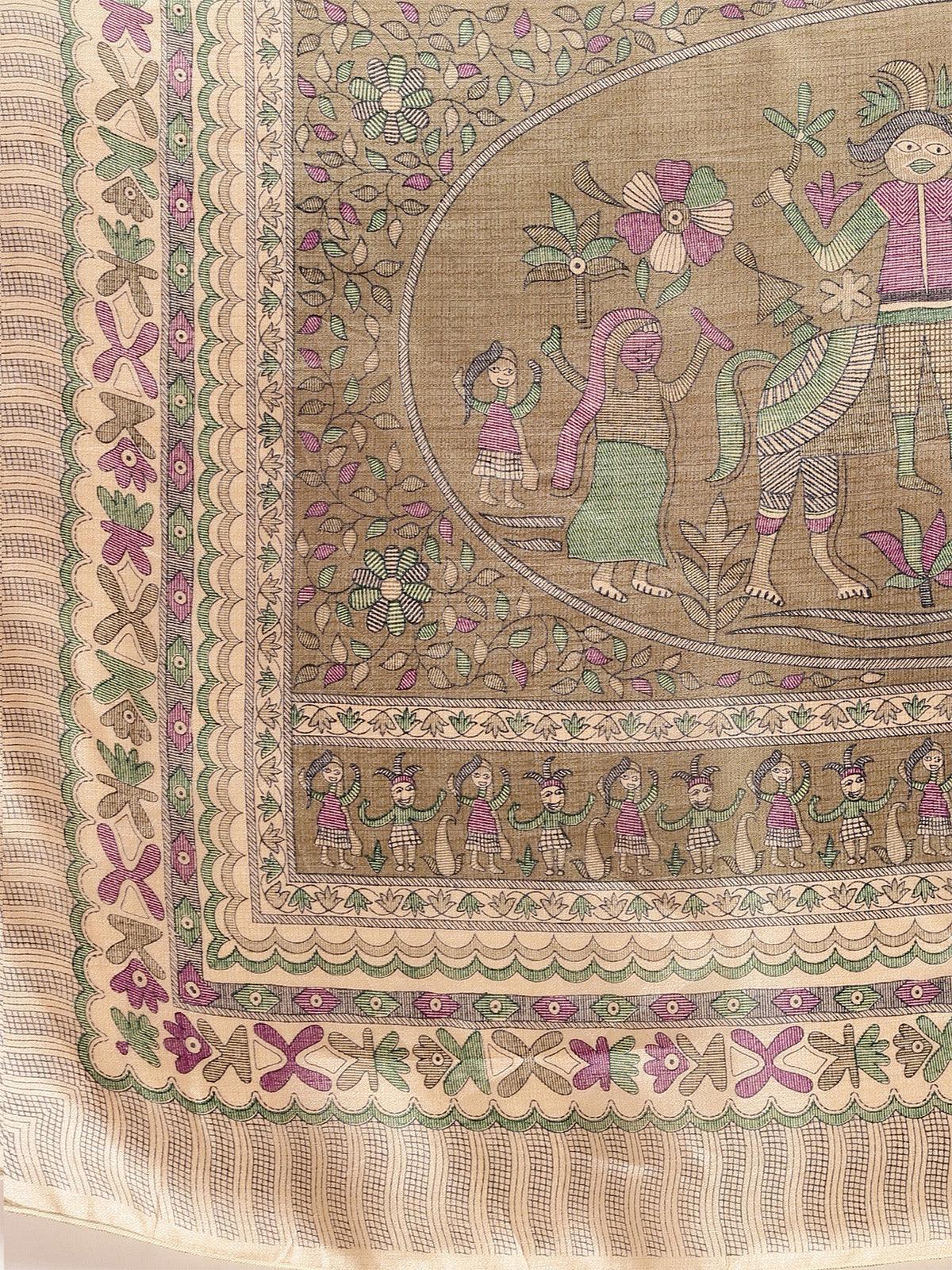 Khadi Silk Olive Printed Saree With Blouse Piece - Odette