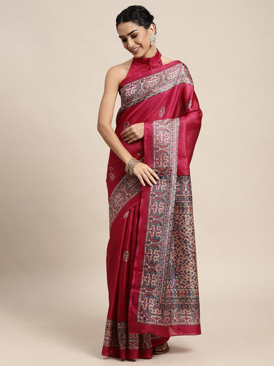 Khadi Silk Pink Printed Saree With Blouse Piece - Odette