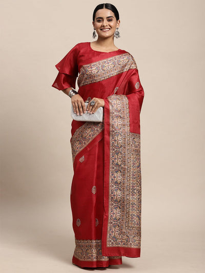 Khadi Silk Red Printed Saree With Blouse Piece - Odette