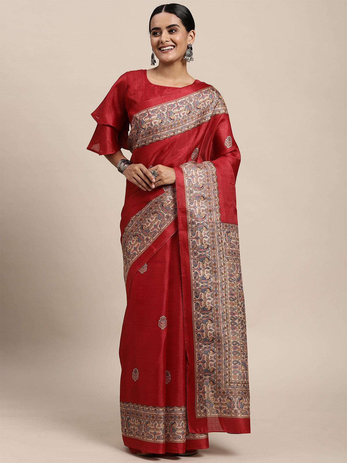 Khadi Silk Red Printed Saree With Blouse Piece - Odette