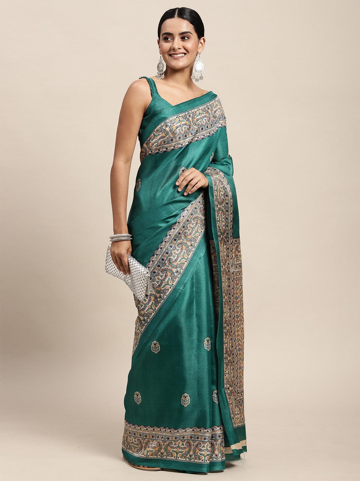 Khadi Silk Teal Blue Printed Saree With Blouse Piece - Odette