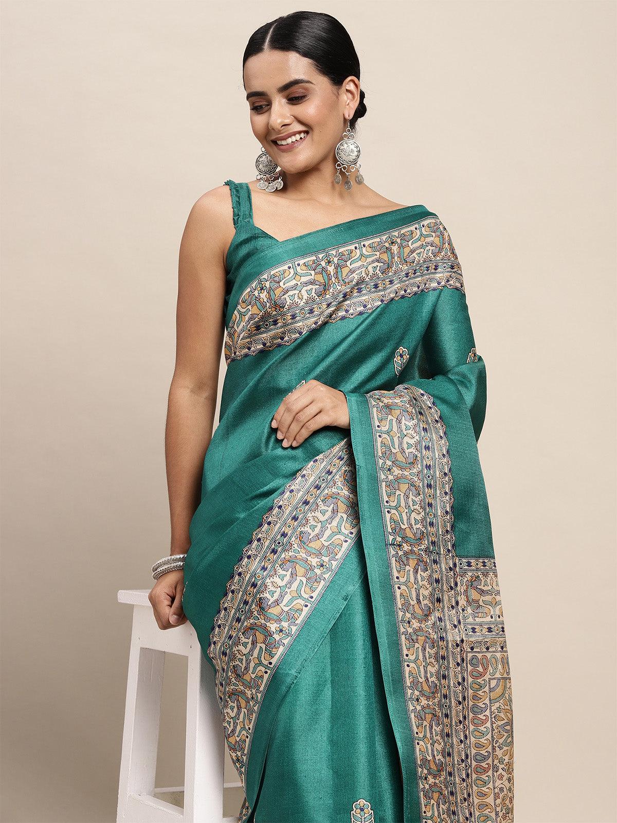 Khadi Silk Teal Blue Printed Saree With Blouse Piece - Odette