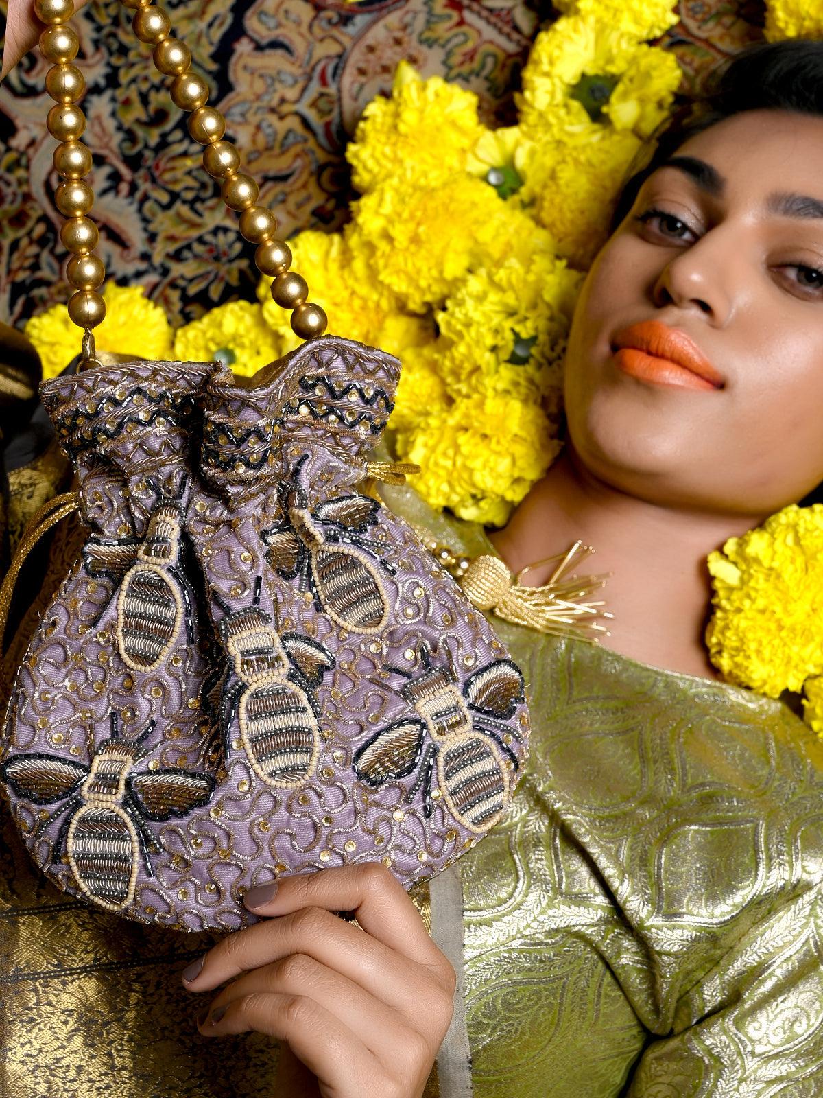 off white NEW BAAZ hawk embroider designer inspired handbag for woman |  zardosi sequin embroidery drawstring evening potli purse | black handbag  with pearl