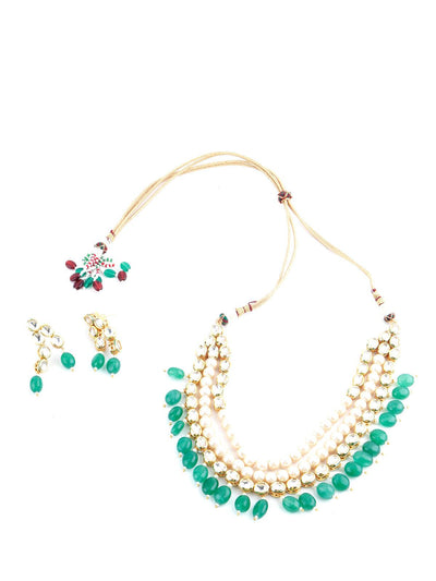 Layered Blissful Green Kundan-Pearl-Mani Necklace Set - Odette