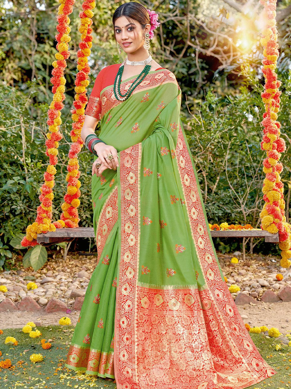 Light Green Cotton Woven Design Saree With Blouse Piece - Odette
