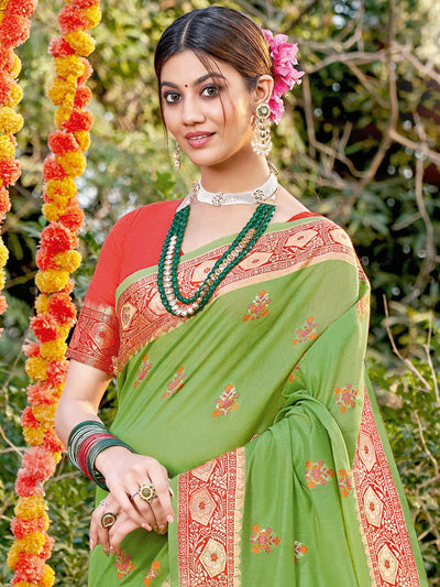 Light Green Cotton Woven Design Saree With Blouse Piece - Odette