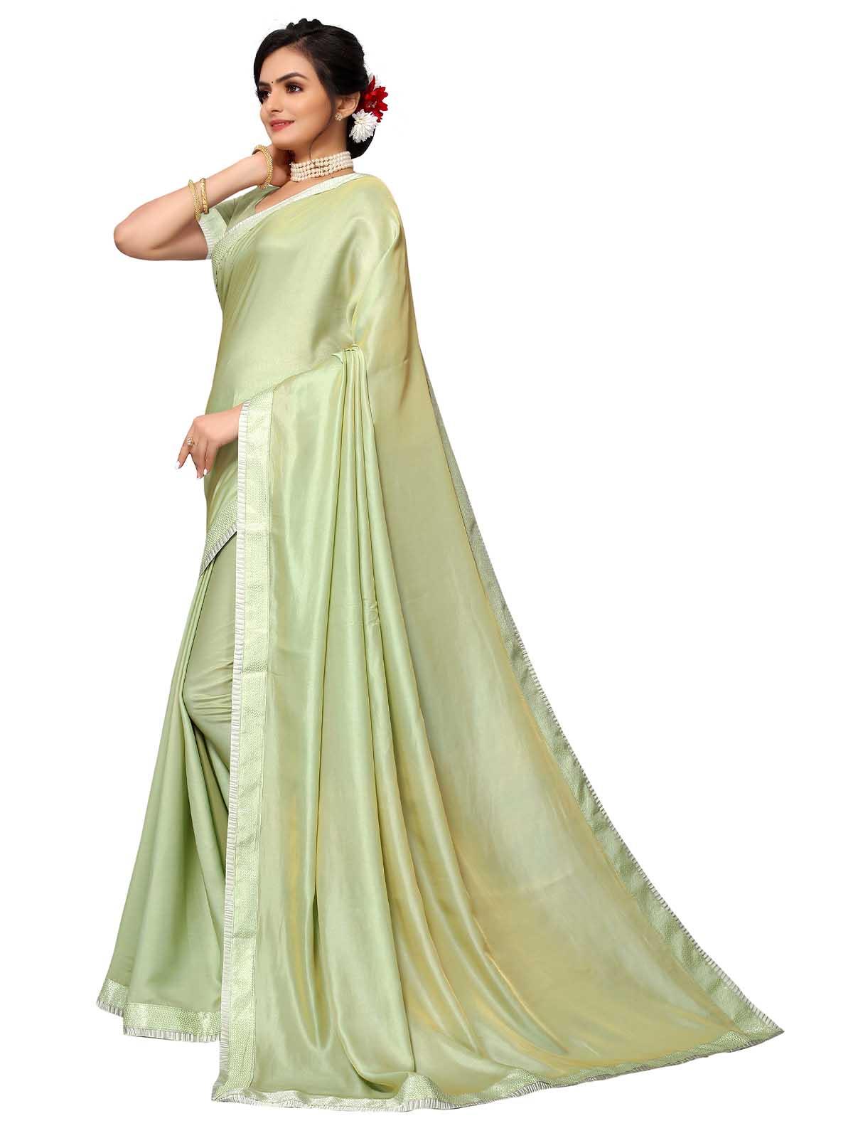 Light Green Satin Silk Emblished Saree With Blouse - Odette