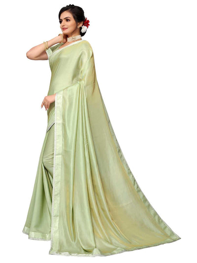 Light Green Satin Silk Emblished Saree With Blouse - Odette