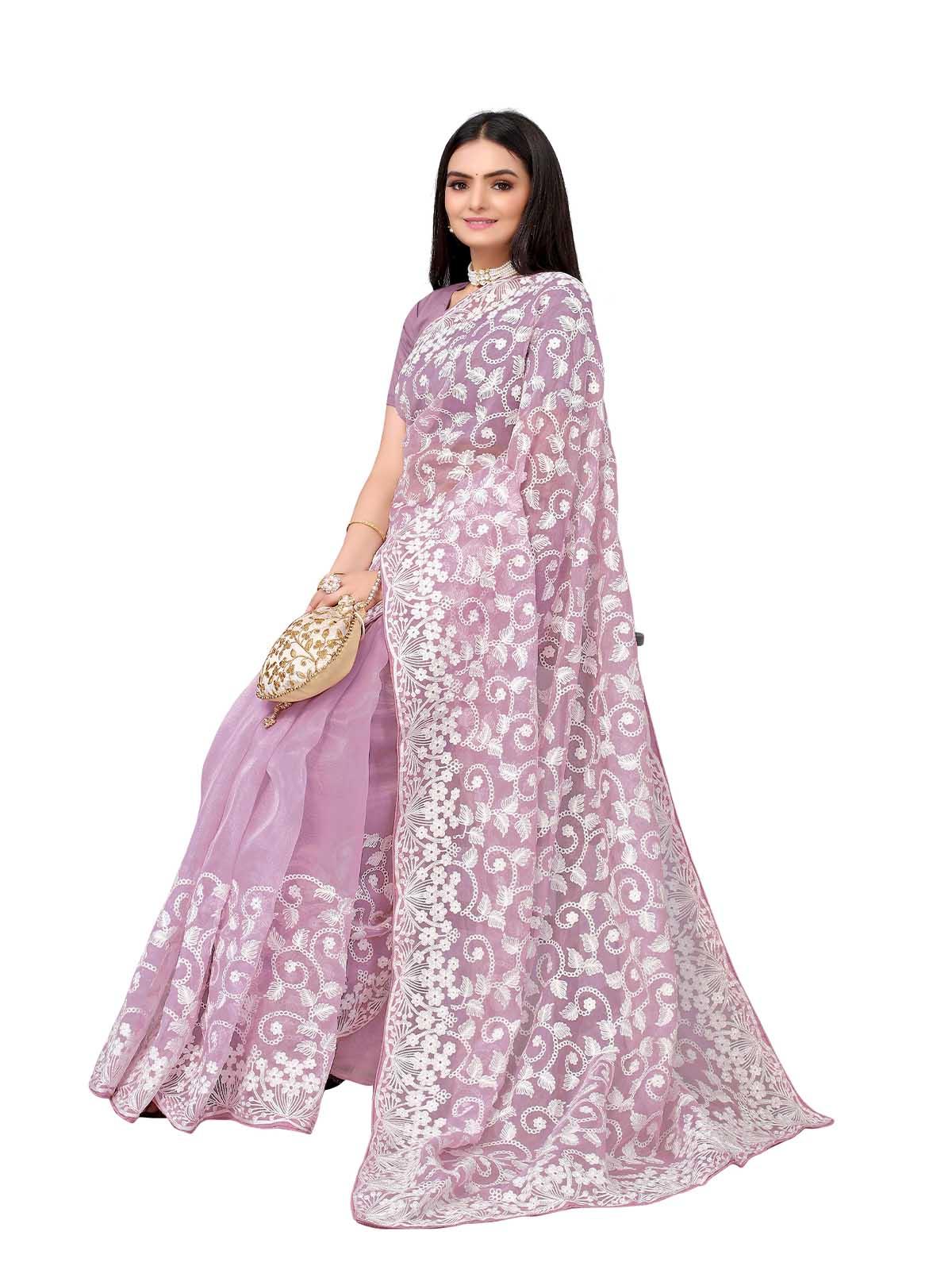 Lilac Organza Embroidered Saree With Blouse - Odette