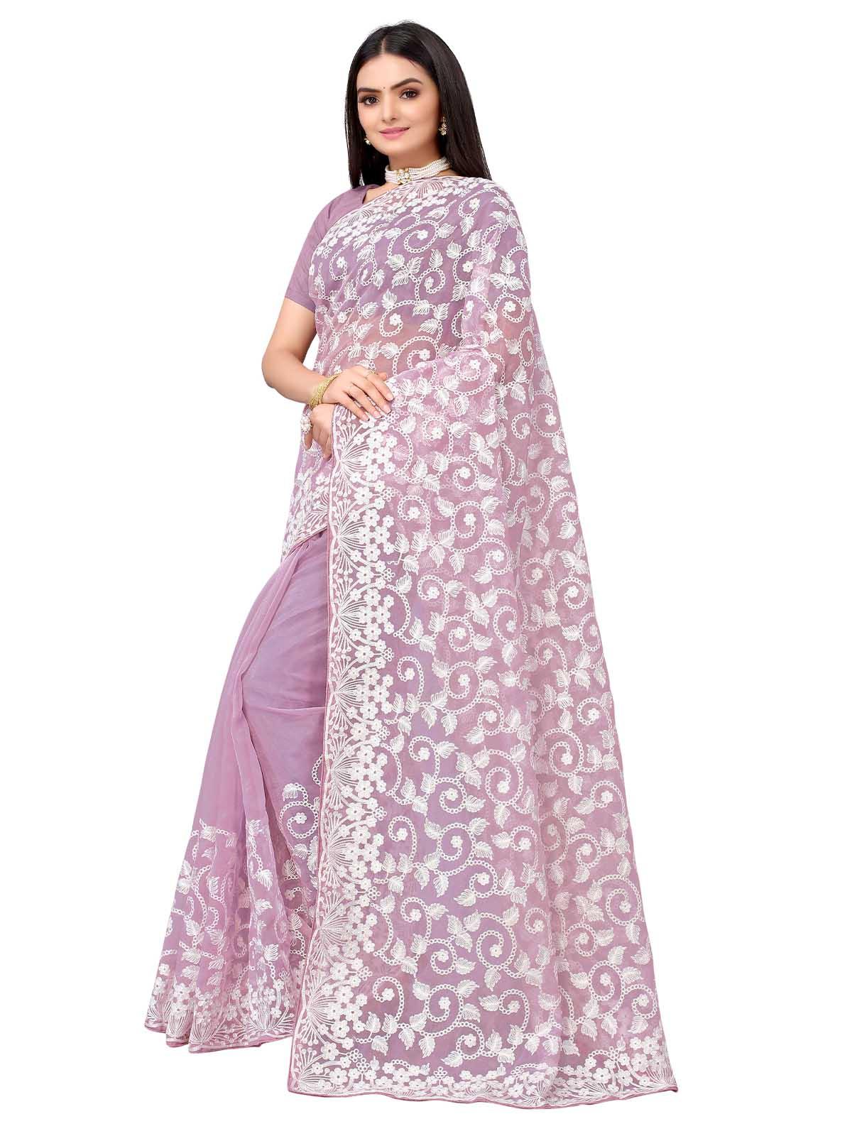Lilac Organza Embroidered Saree With Blouse - Odette