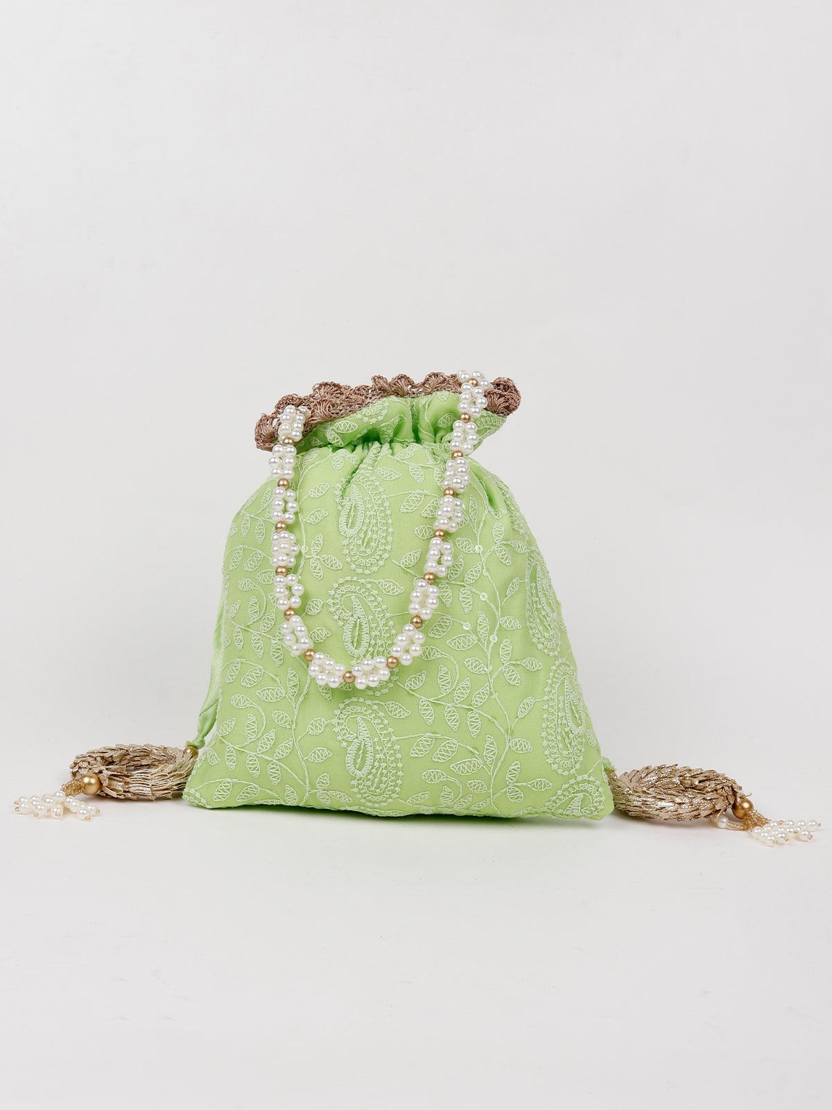 Lime Green Embroidered Potli Hand Bag - Odette