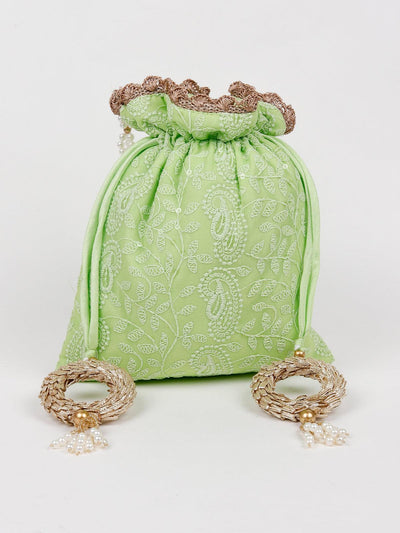 Lime Green Embroidered Potli Hand Bag - Odette