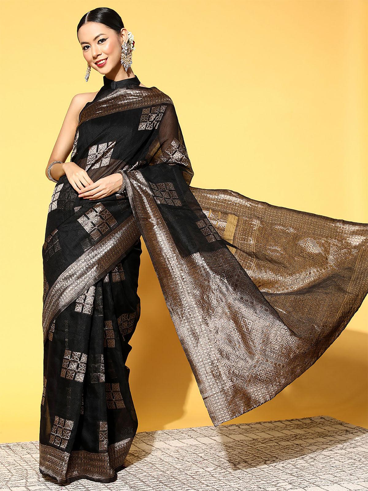 Linen Black Woven Design Saree With Blouse Piece - Odette