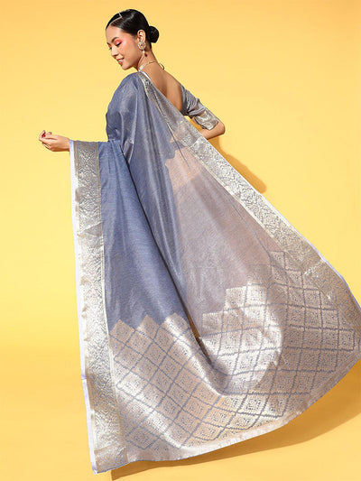 Linen Blend Grey Woven Design Saree With Blouse Piece - Odette