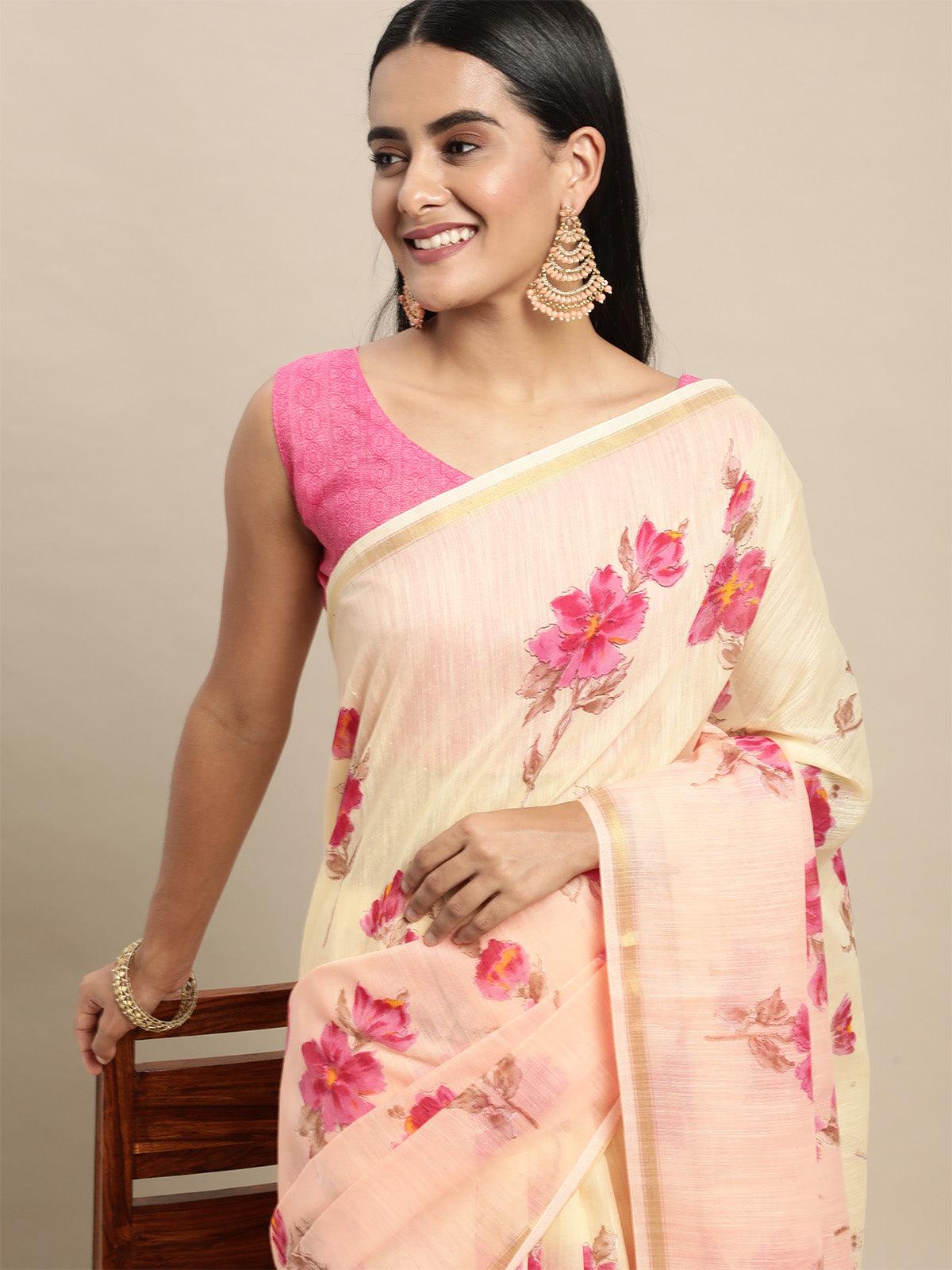 Linen Blend Peach Printed Saree With Blouse Piece - Odette