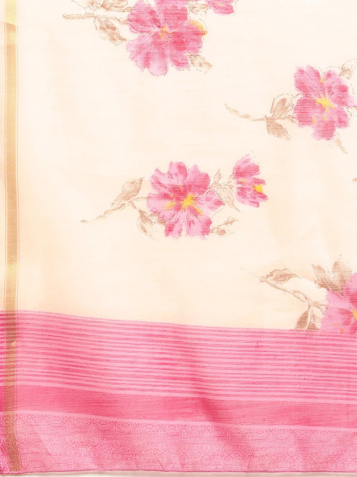 Linen Blend Peach Printed Saree With Blouse Piece - Odette