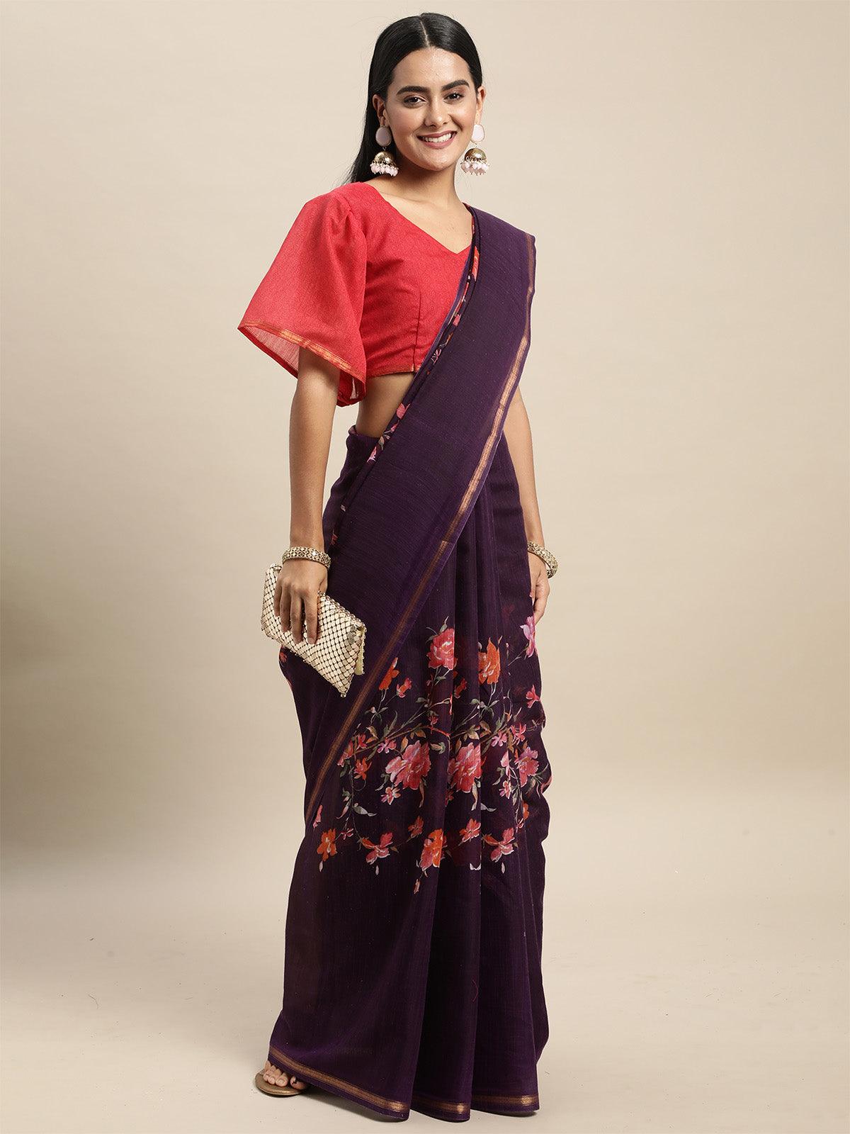 Linen Blend Purple Printed Saree With Blouse Piece - Odette