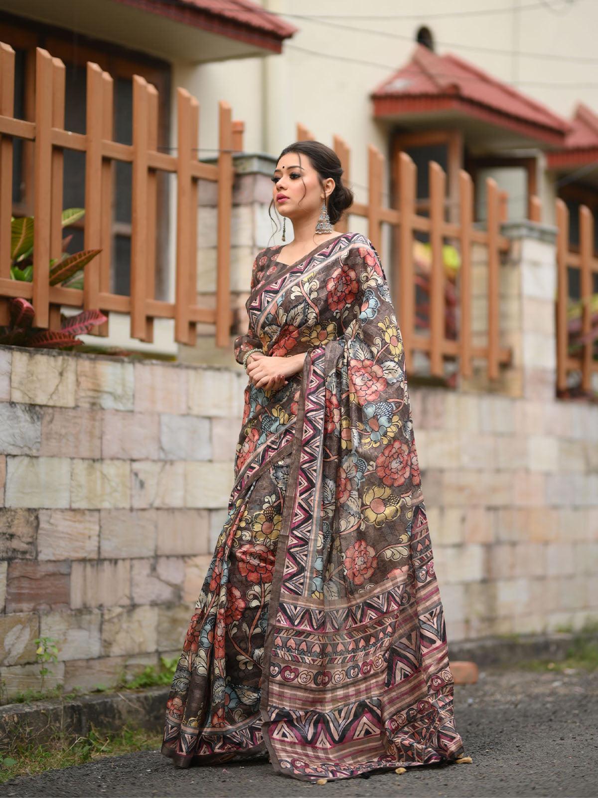 Linen Brown Traditional Kalamkari Printed Saree - Odette