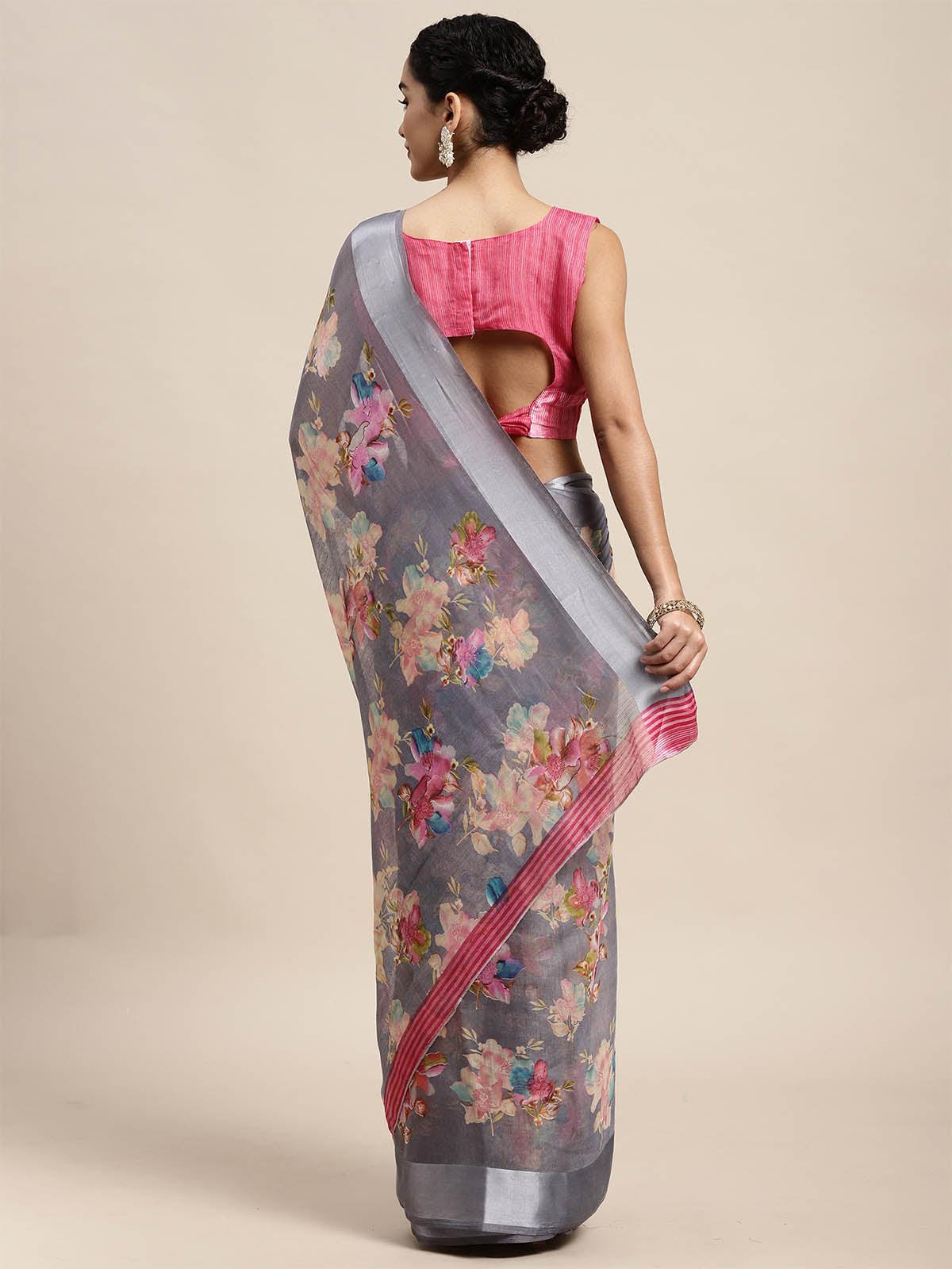 Linen Grey Printed Designer Saree With Blouse Piece - Odette