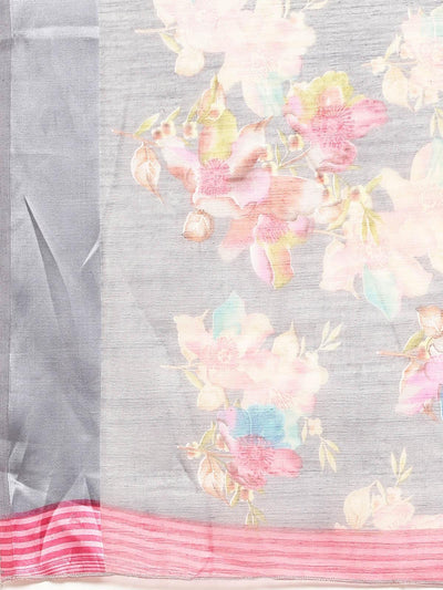 Linen Grey Printed Designer Saree With Blouse Piece - Odette