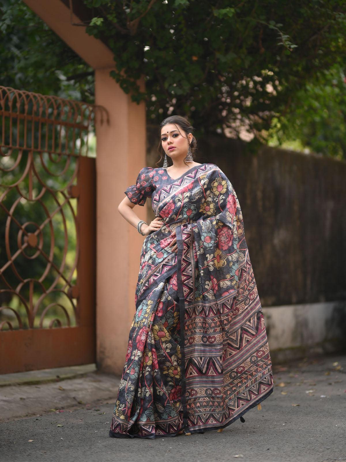 Kalamkari Digital Print Handwoven Pure Linen Saree With Tassels