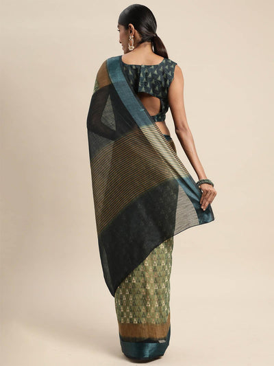 Linen Olive Printed Designer Saree With Blouse Piece - Odette