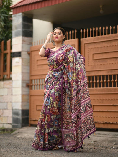 Linen Purple Traditional Kalamkari Printed Saree - Odette