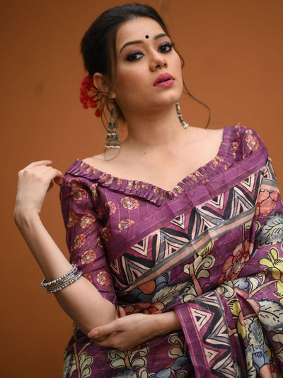 Linen Purple Traditional Kalamkari Printed Saree - Odette