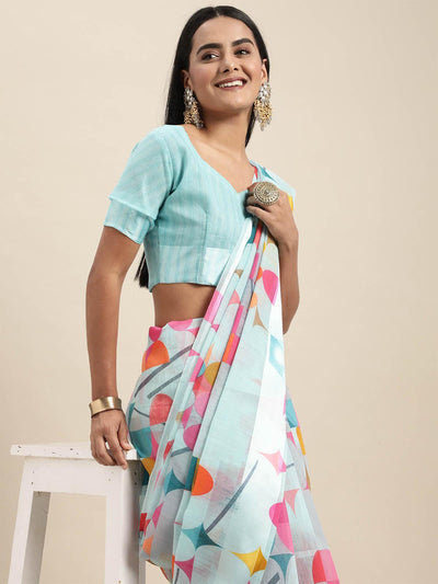 Linen Turquoise Printed Designer Saree With Blouse Piece - Odette