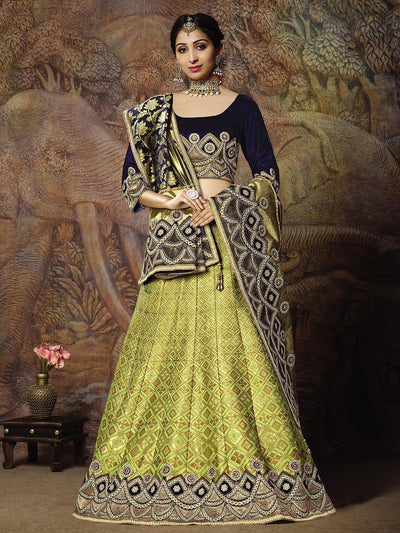 Liril Green Jacquard weaved silk Designer Lahenga Choli. - Odette