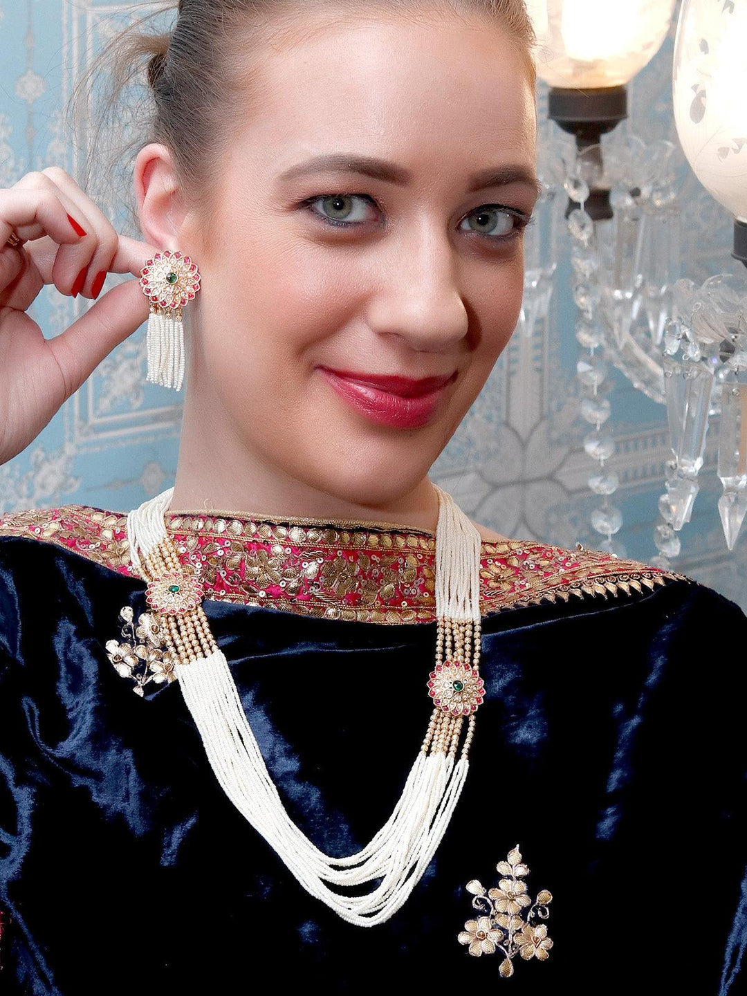 Buy Long White Pearl Necklace Set with Floral Details for Women