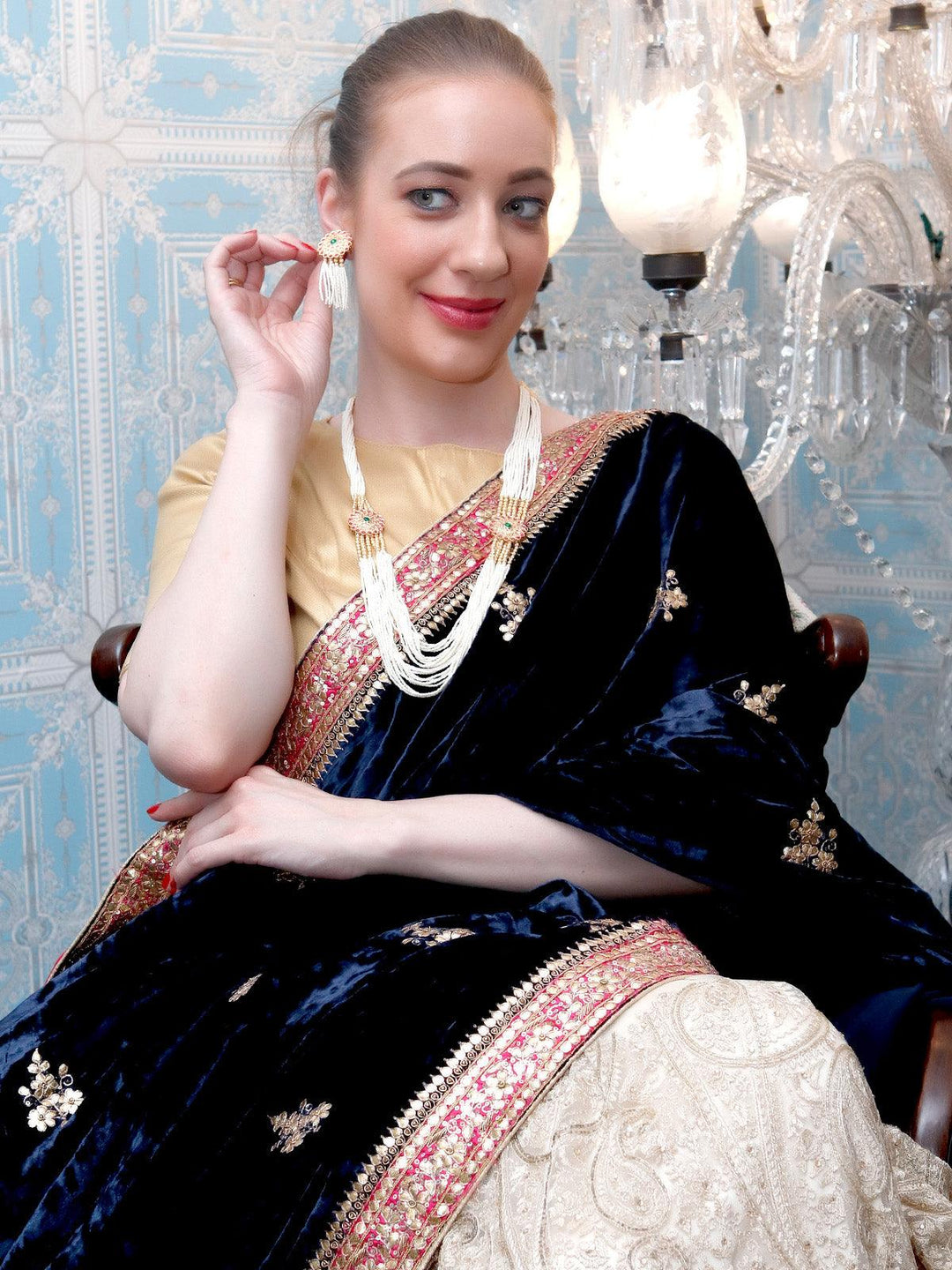 Buy Long White Pearl Necklace Set with Floral Details for Women