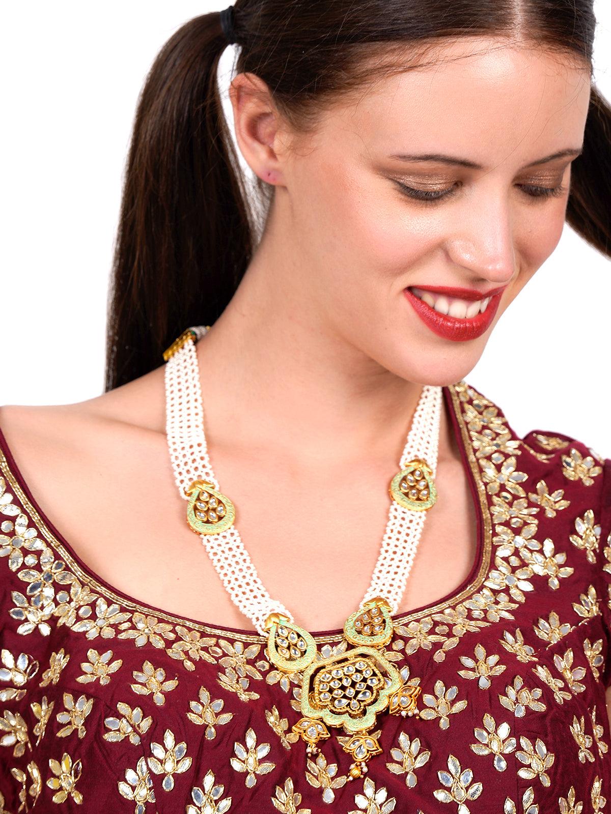 Lovely classical semiprecious kundan &amp; pearl green necklace with earrings! - Odette