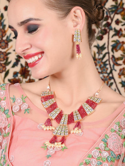 Pink Alloy Based Kundan Necklace And Earrings Set 459JW04