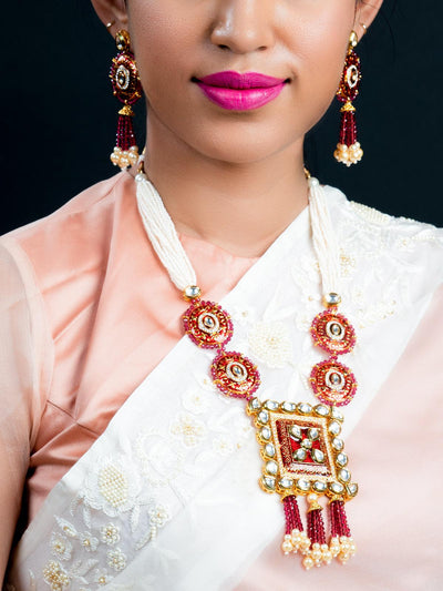 Lush Pink Stone Red Enamelled Enticing Onyx-Kundan Necklace Set - Odette