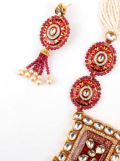 Lush Pink Stone Red Enamelled Enticing Onyx-Kundan Necklace Set - Odette