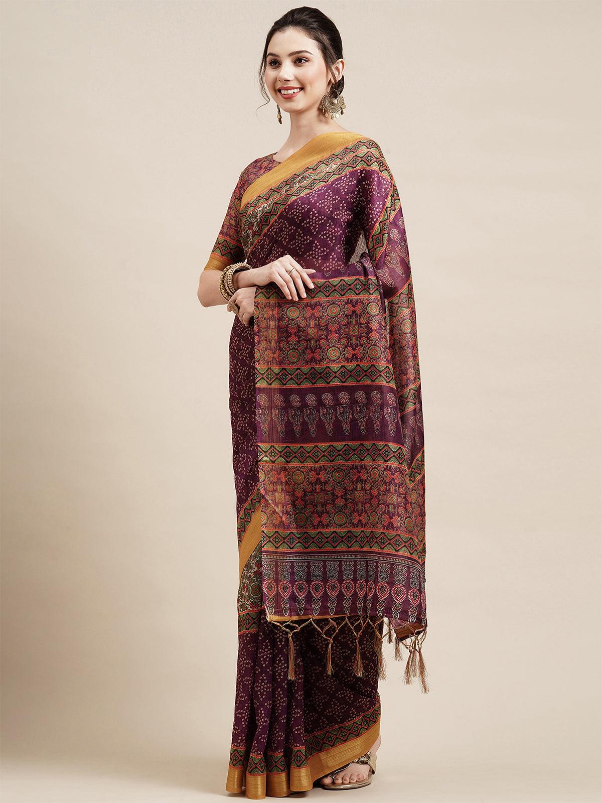 Magenta Casual Linen Blend Printed Saree With Unstitched Blouse - Odette