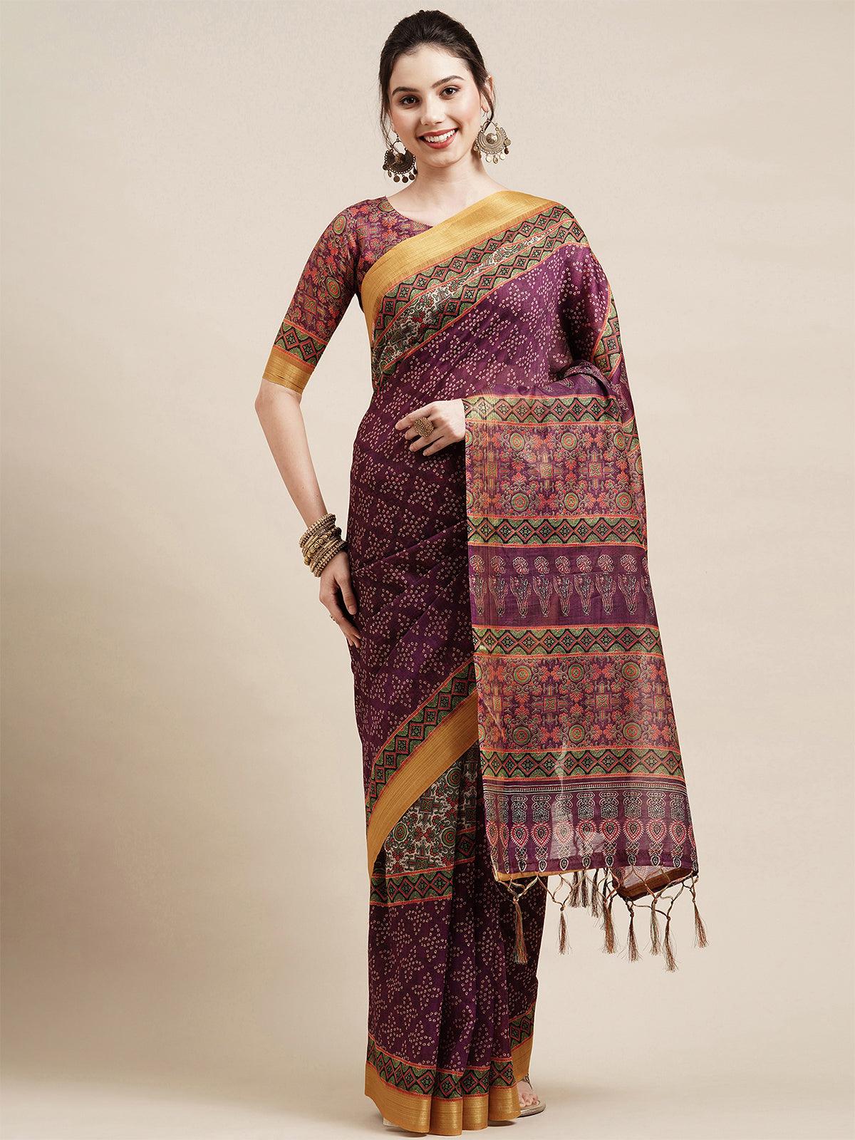 Magenta Casual Linen Blend Printed Saree With Unstitched Blouse - Odette