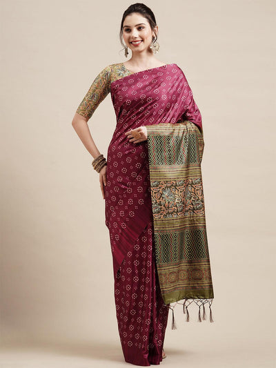 Magenta Festive Silk Blend Printed Saree With Unstitched Blouse - Odette