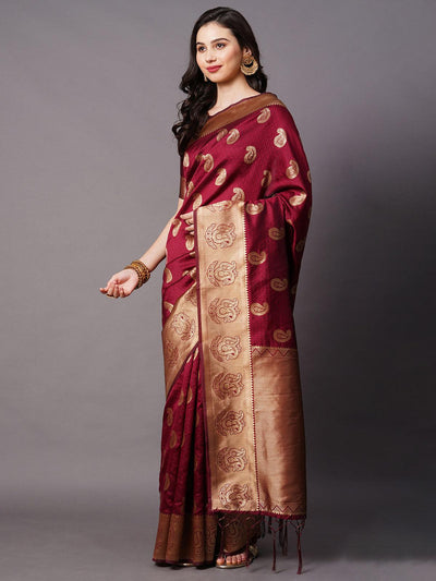 Magenta Festive Silk Blend Woven Design Saree With Unstitched Blouse - Odette